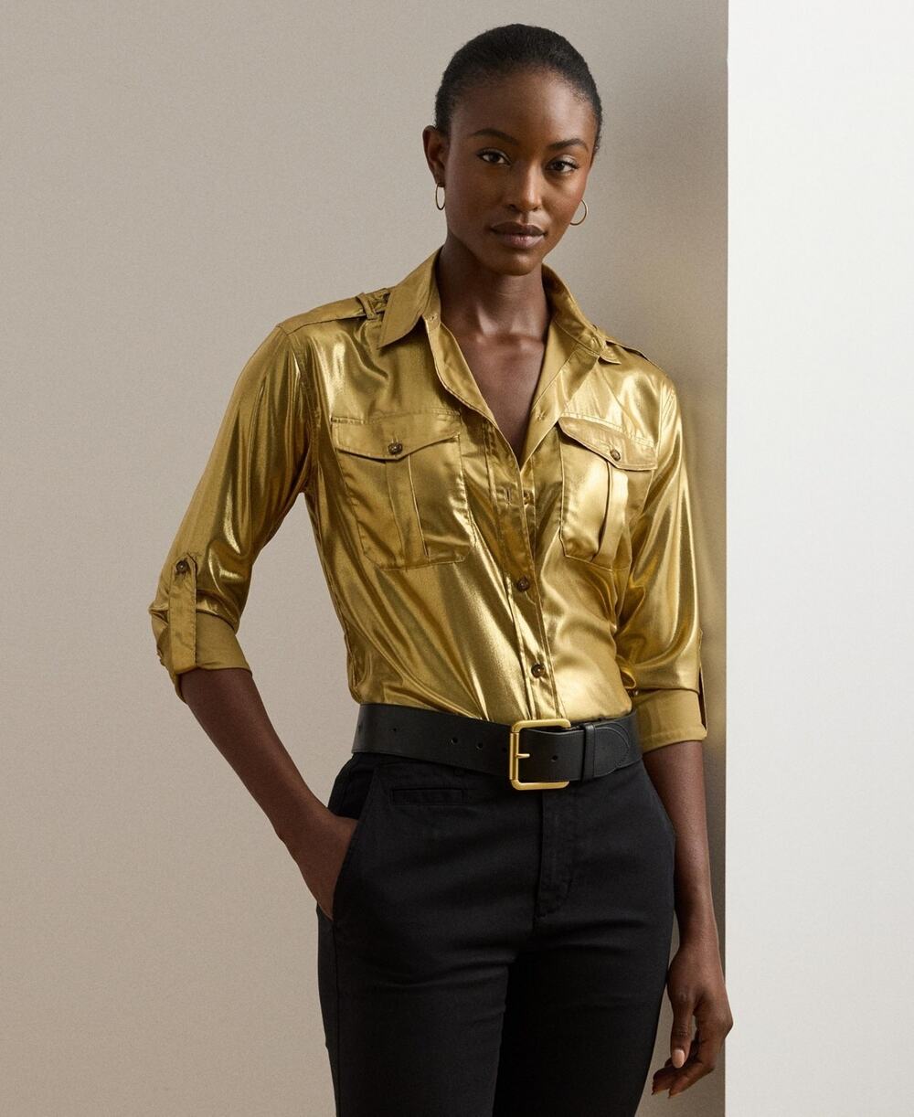 Lauren Ralph Lauren Women's Metallic Chiffon Shirt Gold Size S 3610
